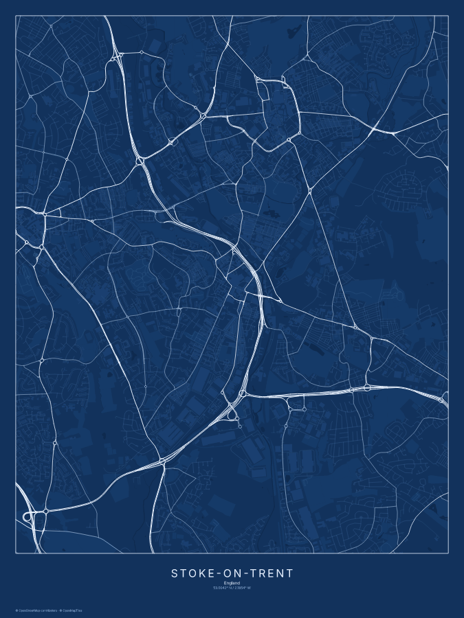 Stoke-on-Trent map poster, blueprint style