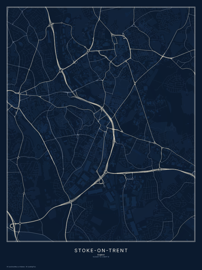 Stoke-on-Trent map poster, midnight style
