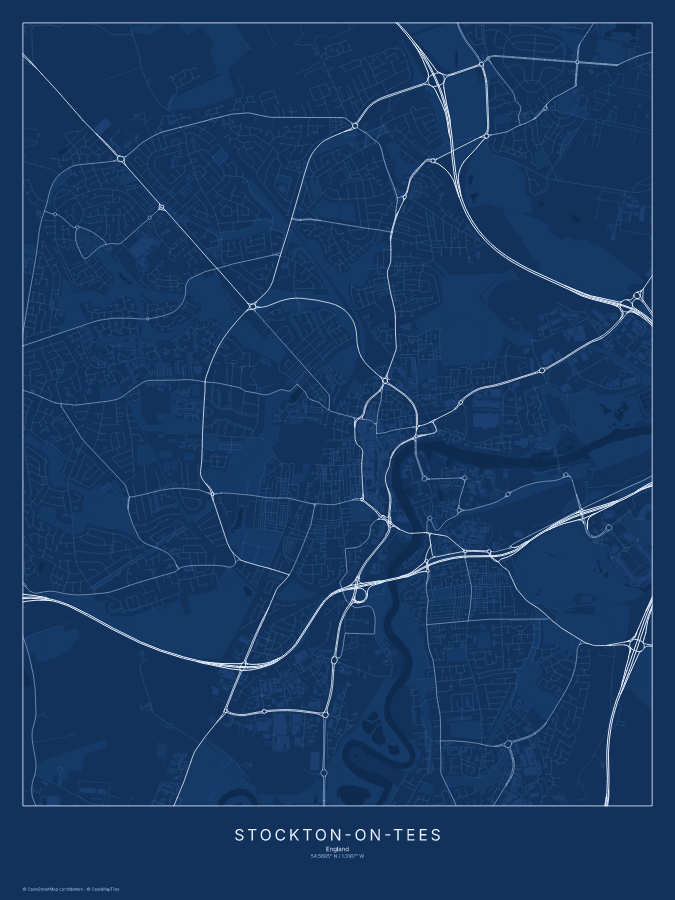 Stockton-on-Tees map poster, blueprint style