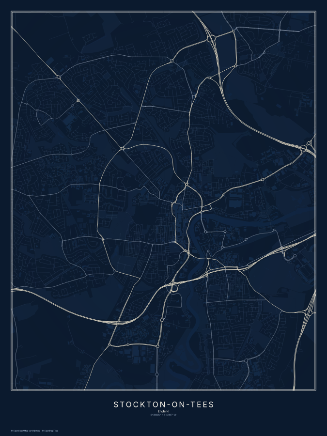 Stockton-on-Tees map poster, midnight style