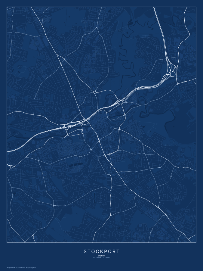 Stockport map poster, blueprint style