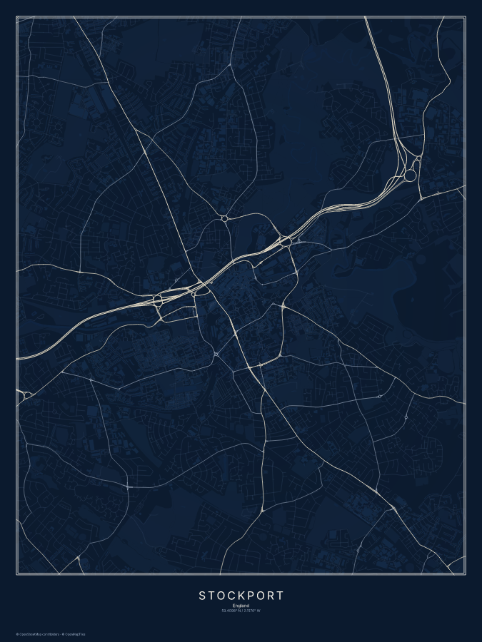 Stockport map poster, midnight style