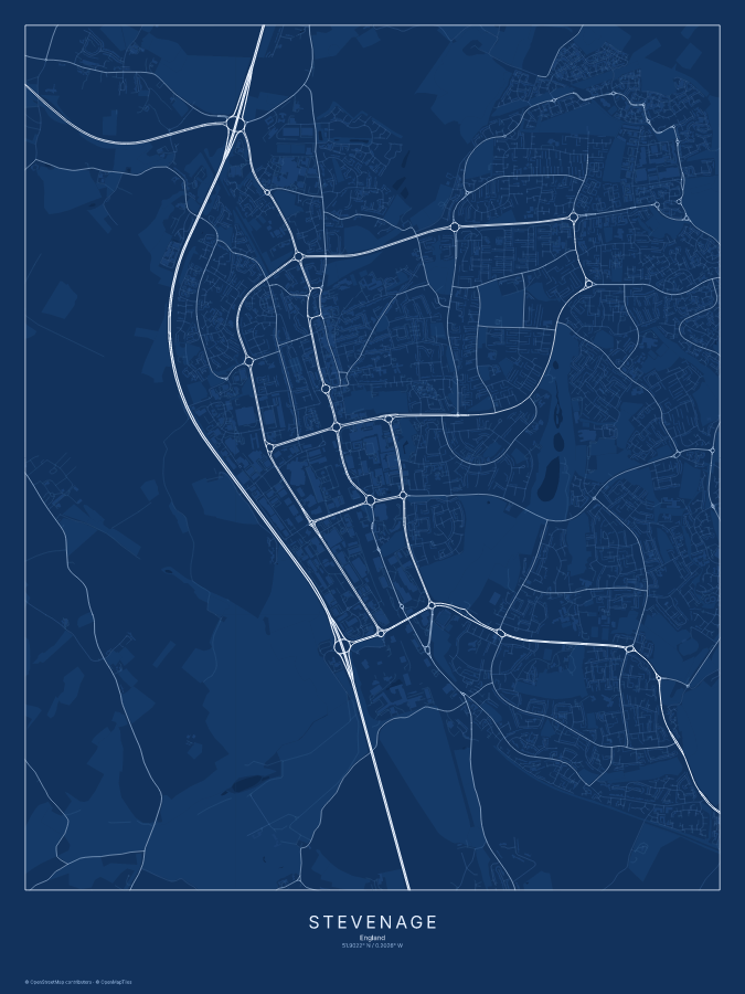Stevenage map poster, blueprint style
