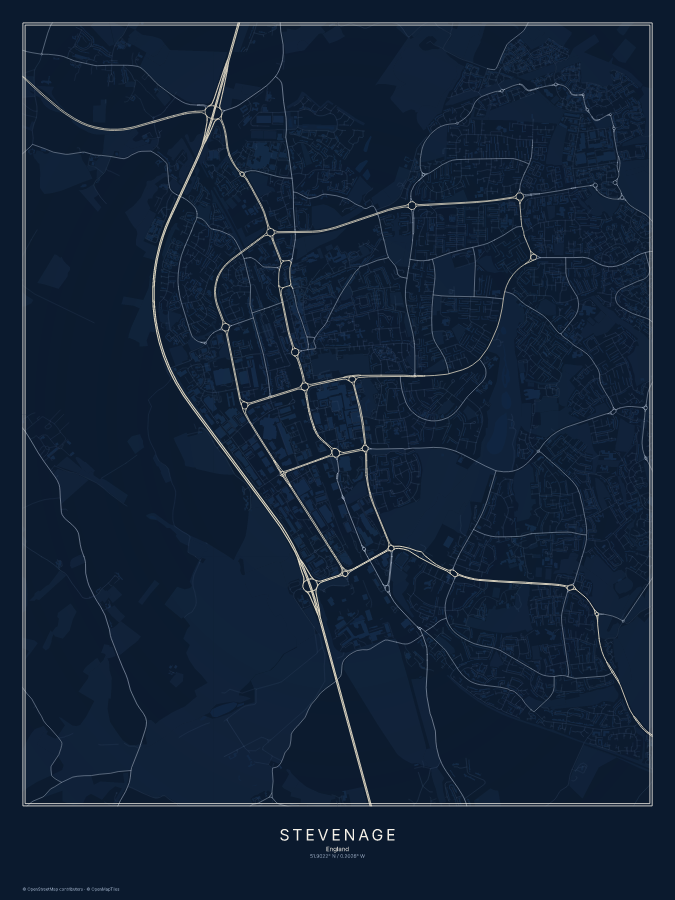 Stevenage map poster, midnight style