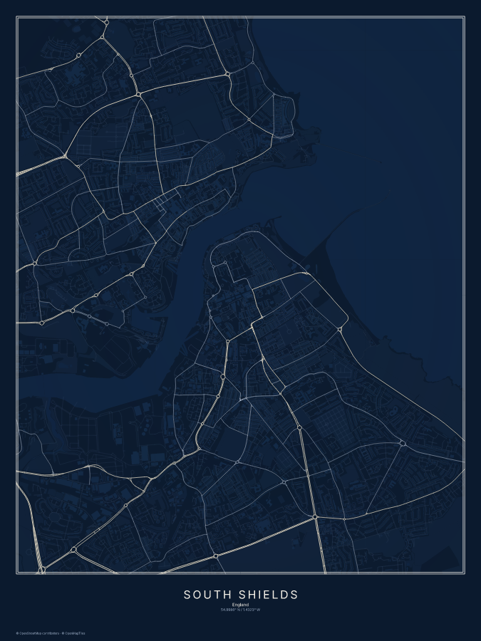South Shields map poster, midnight style