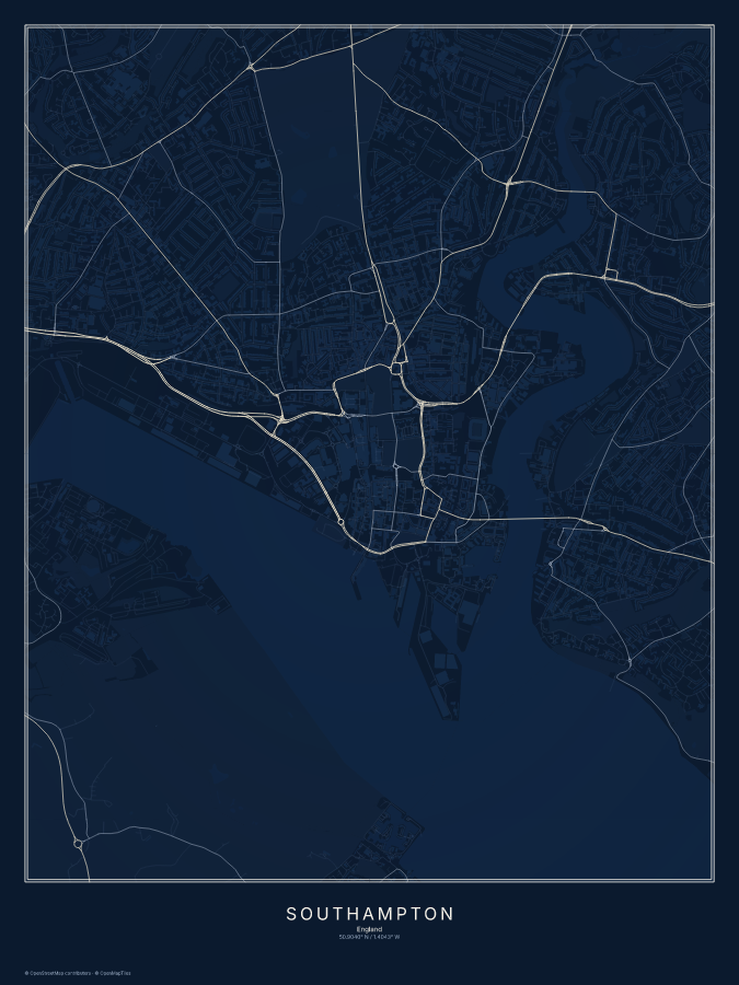 Southampton map poster, midnight style