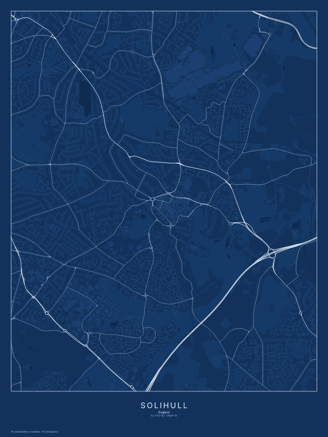 Solihull map poster, blueprint style