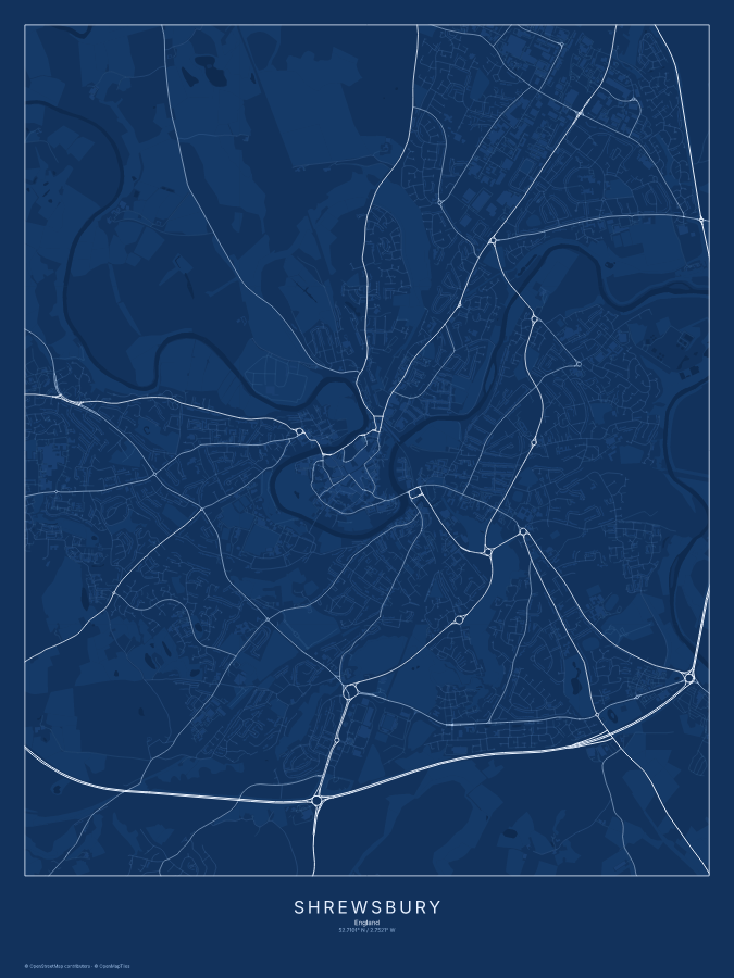Shrewsbury map poster, blueprint style