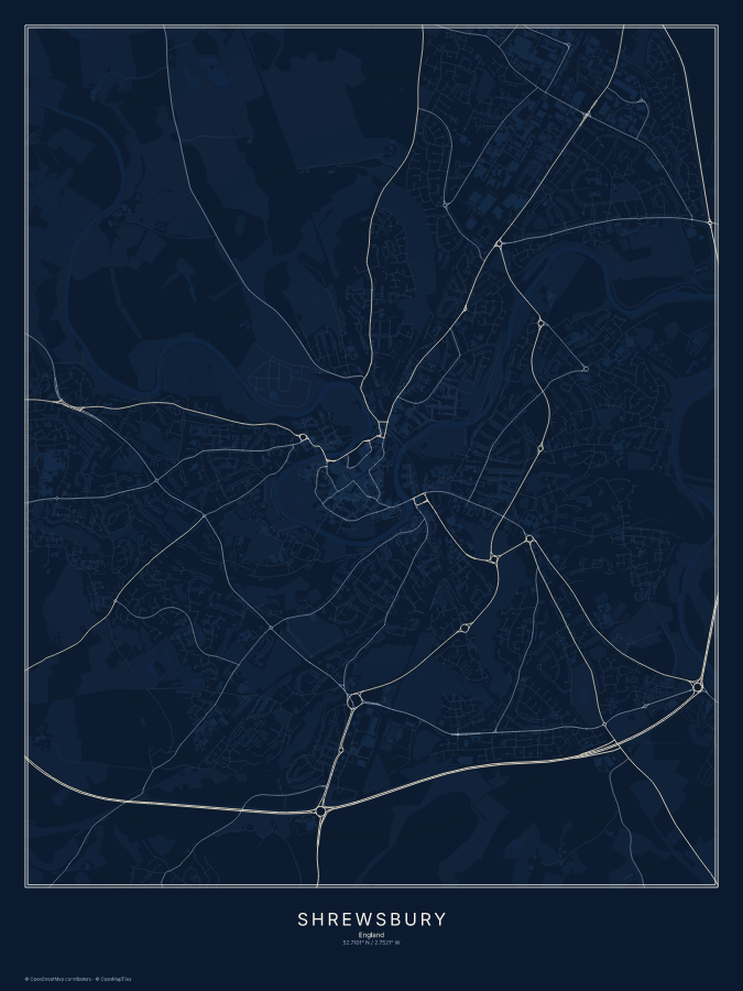 Shrewsbury map poster, midnight style