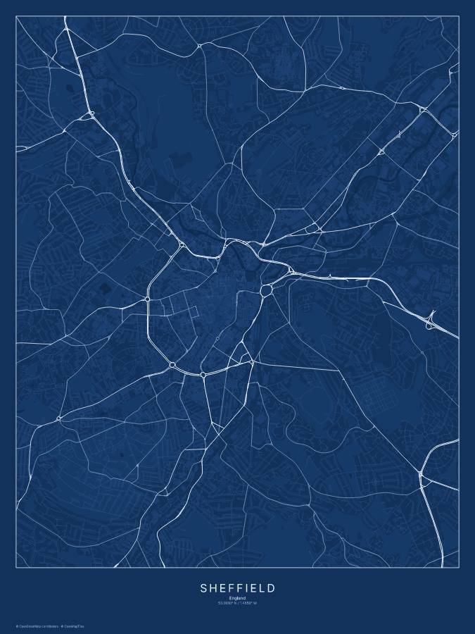 Sheffield map poster, blueprint style