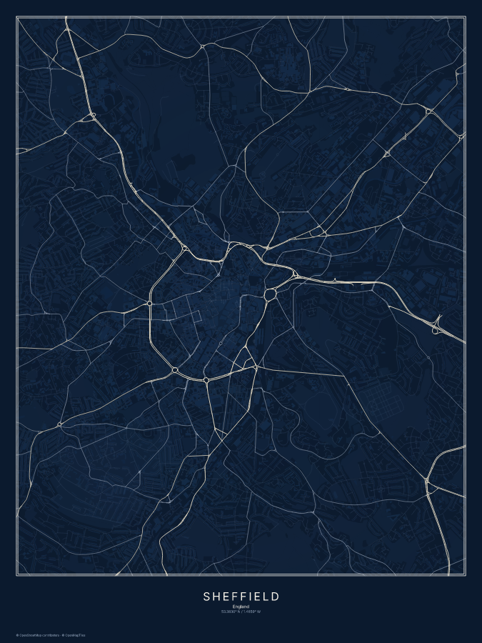 Sheffield map poster, midnight style