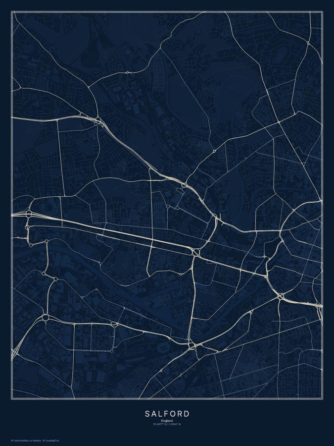 Salford map poster, midnight style
