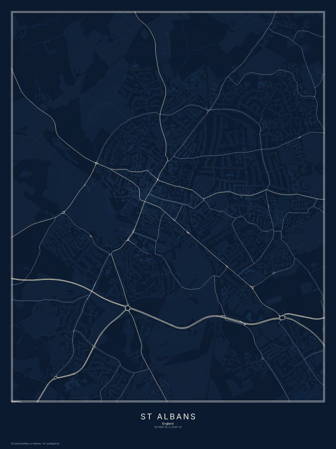 St Albans map poster, midnight style