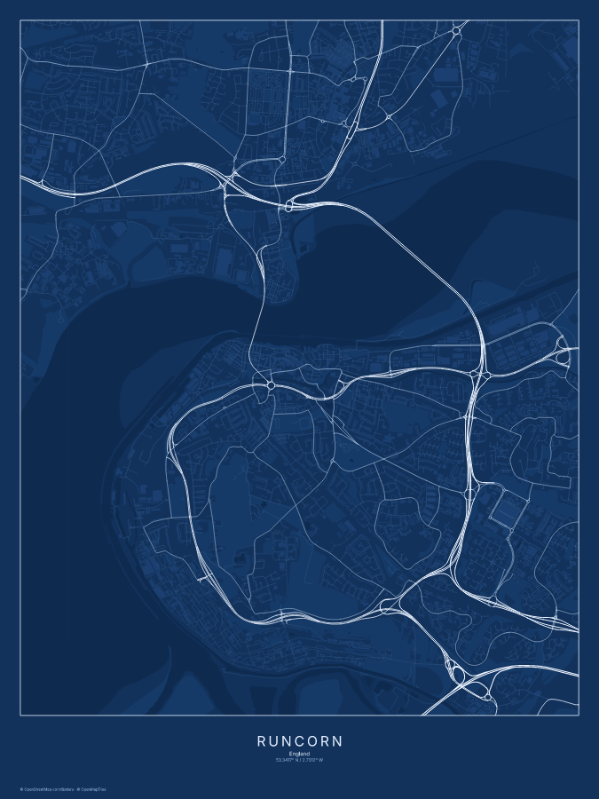 Runcorn map poster, blueprint style