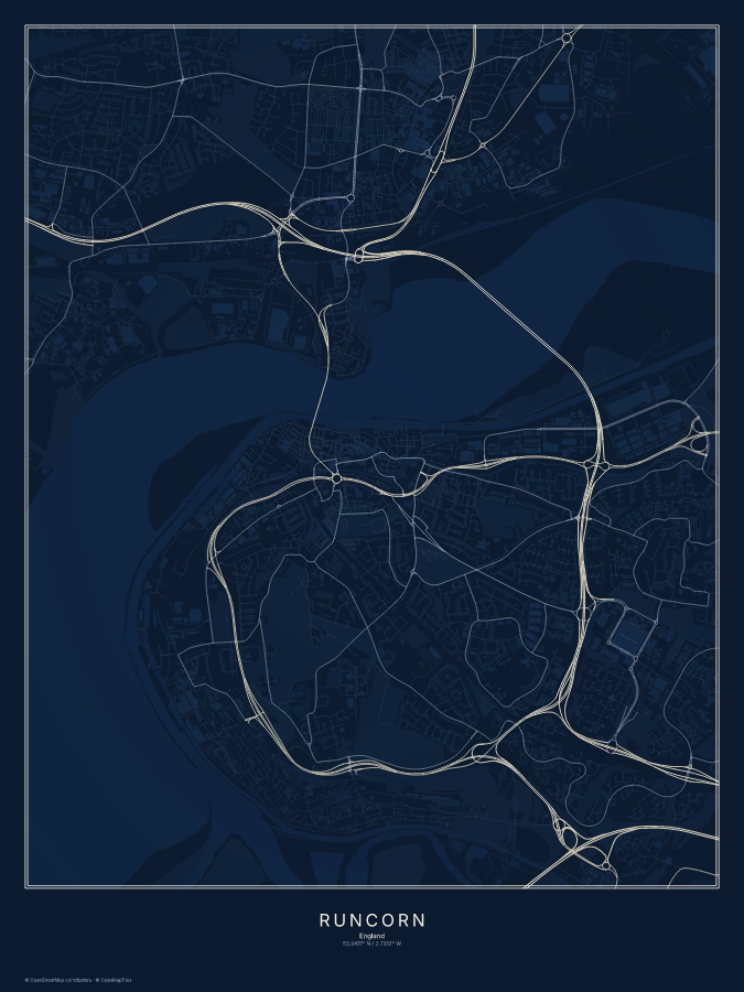 Runcorn map poster, midnight style