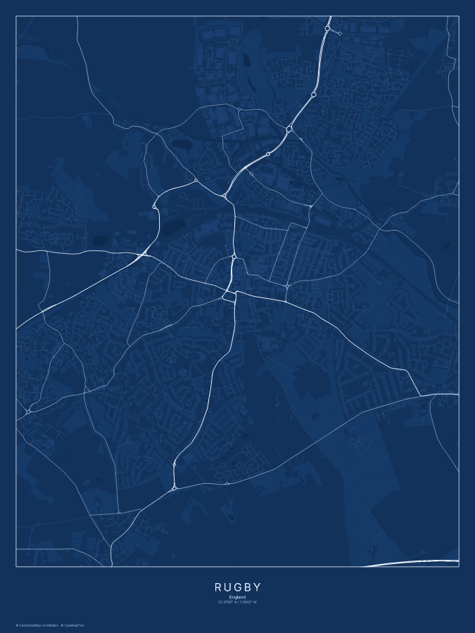 Rugby map poster, blueprint style