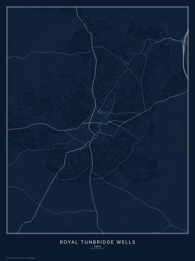 Royal Tunbridge Wells map poster, midnight style