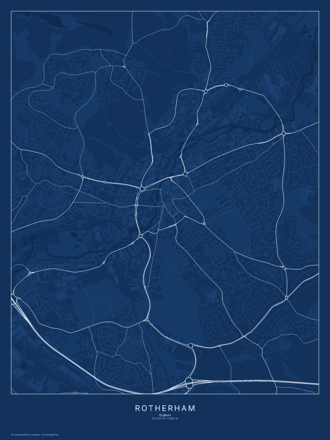 Rotherham map poster, blueprint style