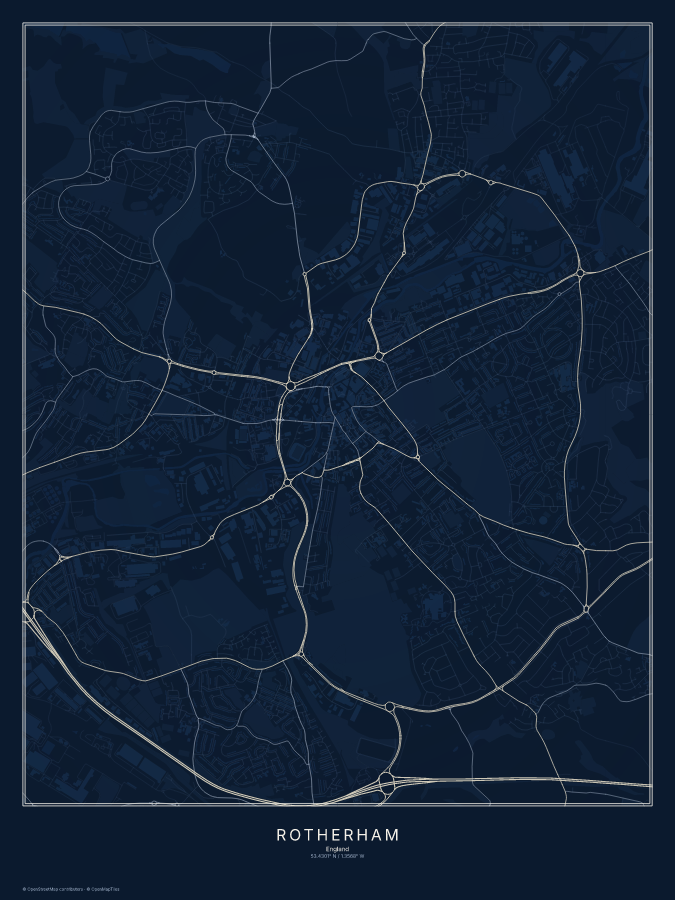 Rotherham map poster, midnight style