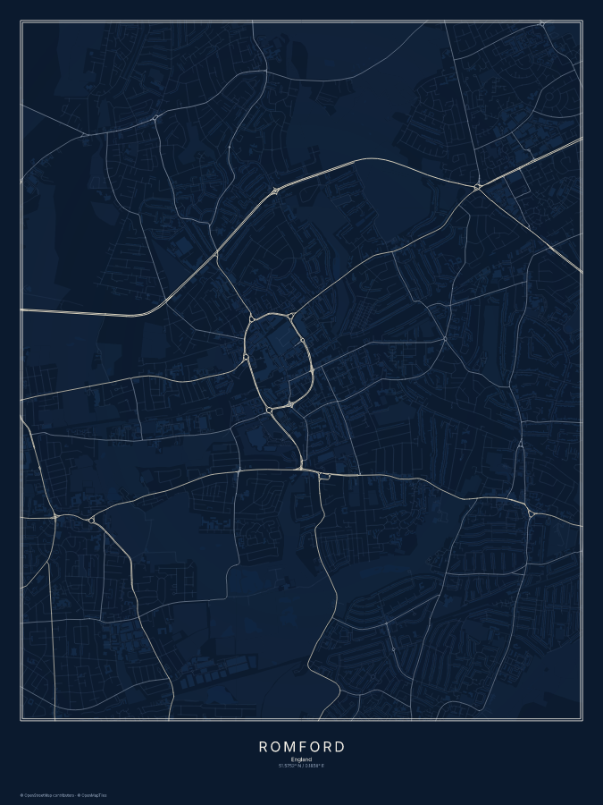 Romford map poster, midnight style