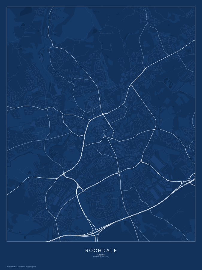Rochdale map poster, blueprint style
