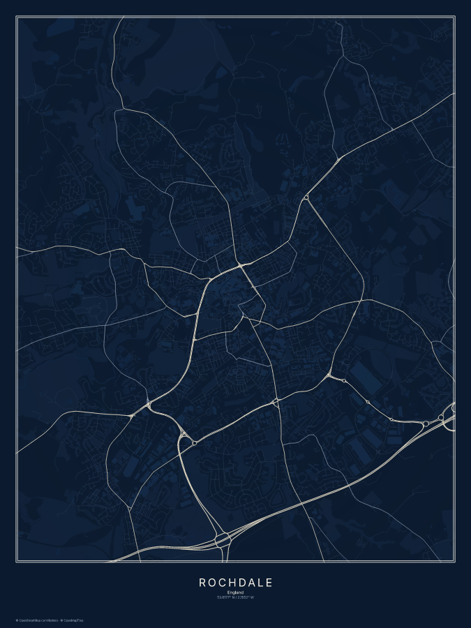 Rochdale map poster, midnight style
