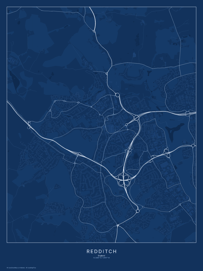 Redditch map poster, blueprint style