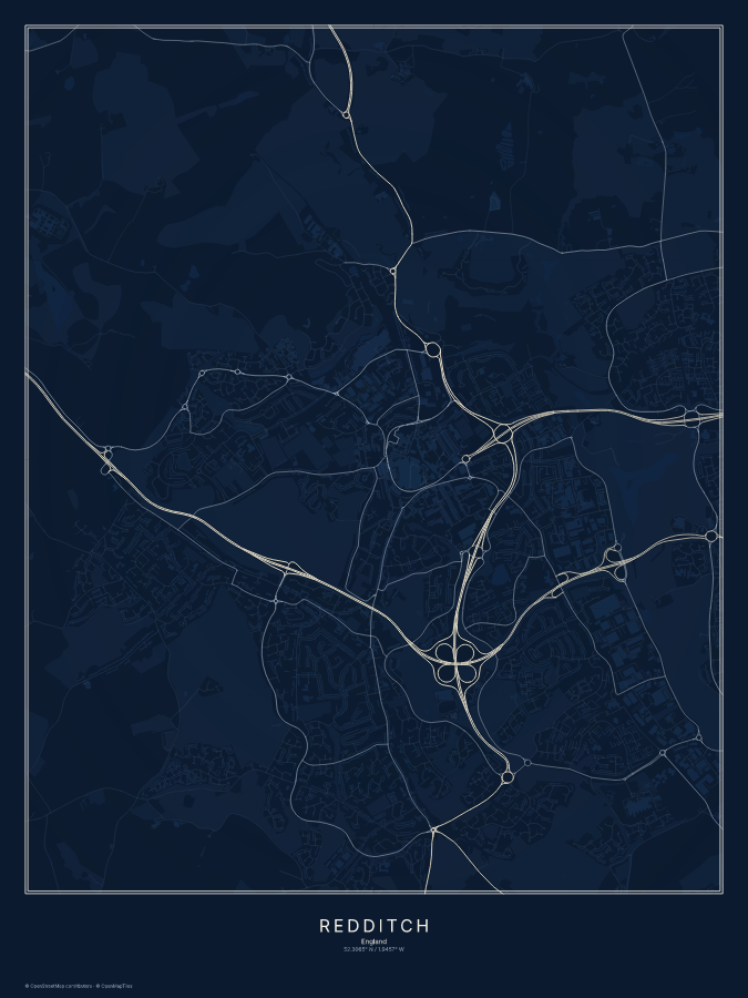 Redditch map poster, midnight style