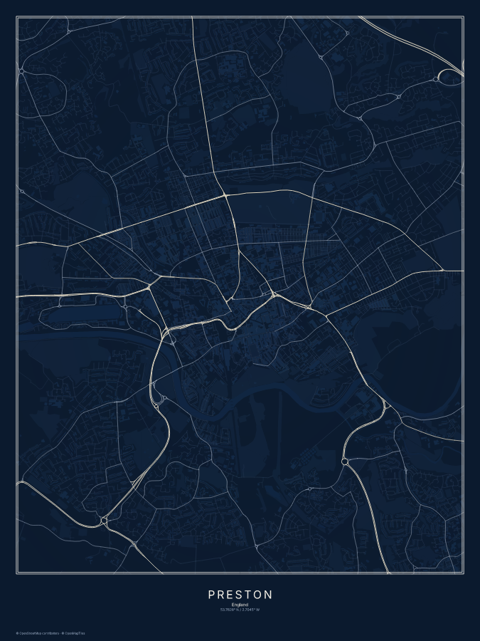 Preston map poster, midnight style