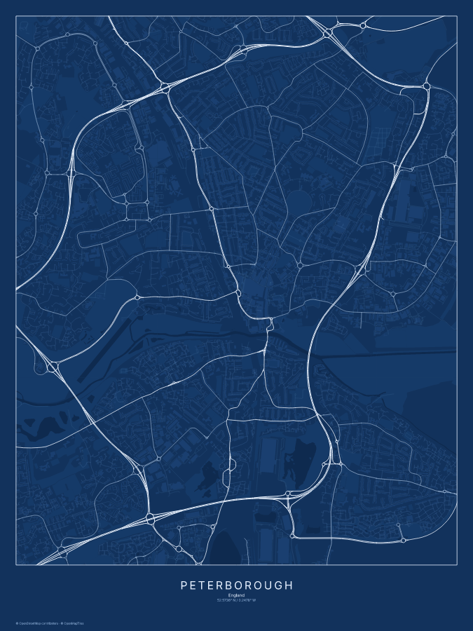 Peterborough map poster, blueprint style