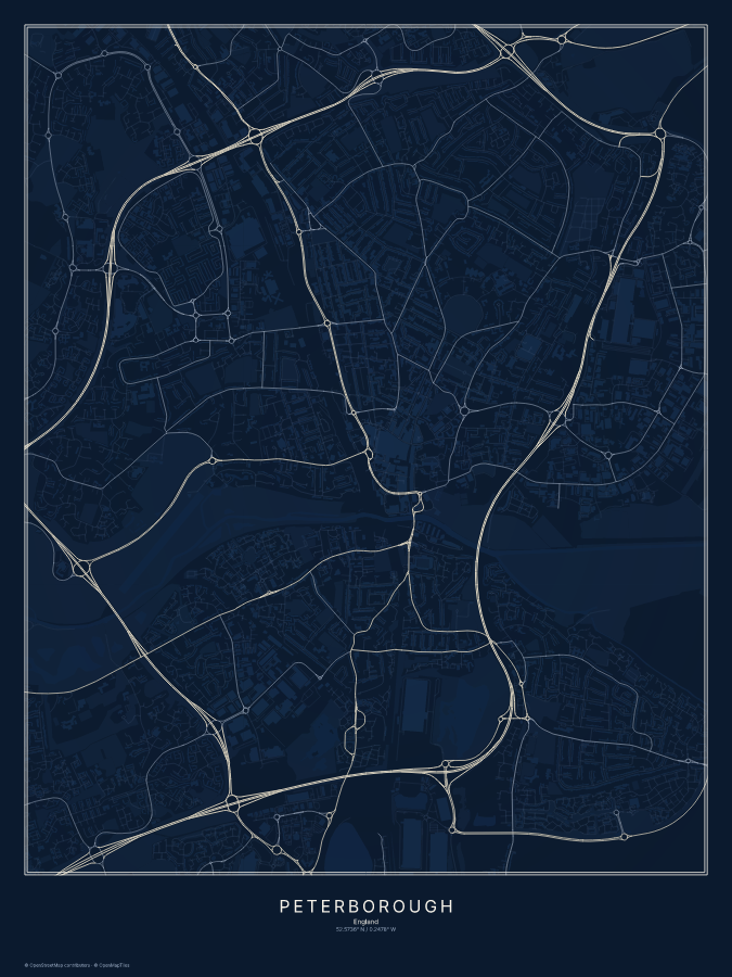 Peterborough map poster, midnight style