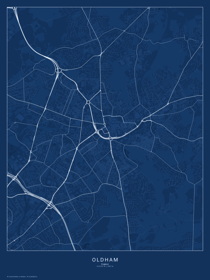 Oldham map poster, blueprint style