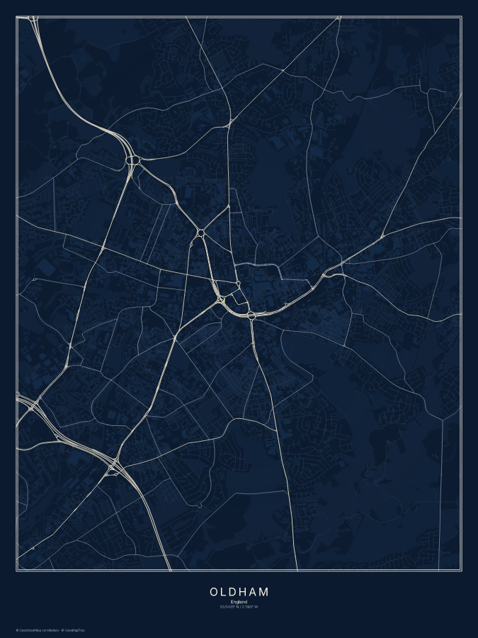Oldham map poster, midnight style
