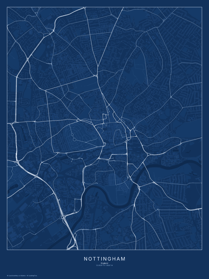 Nottingham map poster, blueprint style