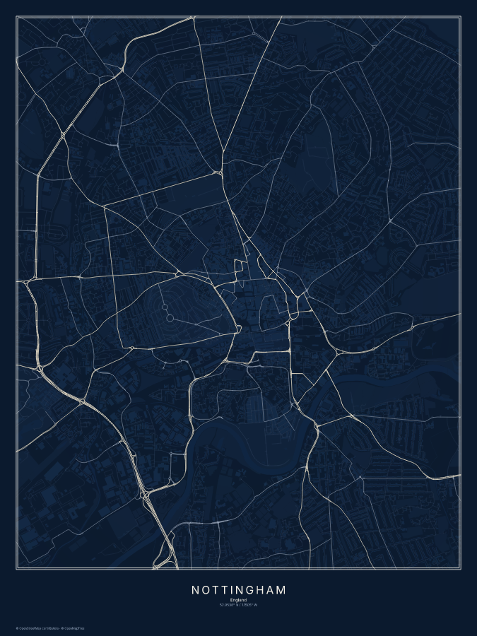Nottingham map poster, midnight style