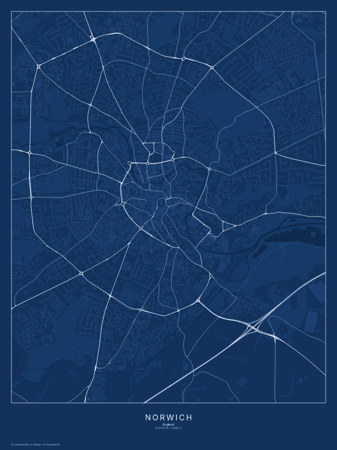 Norwich map poster, blueprint style