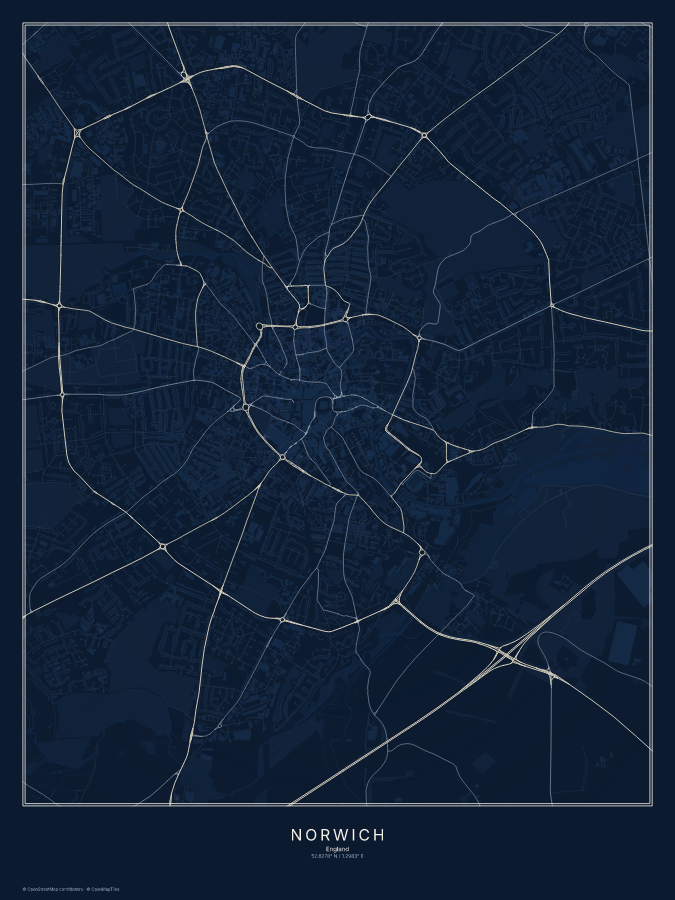 Norwich map poster, midnight style