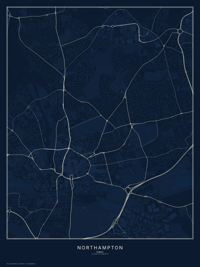 Northampton map poster, midnight style
