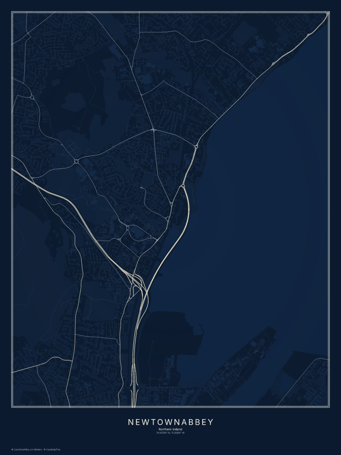 Newtownabbey map poster, midnight style
