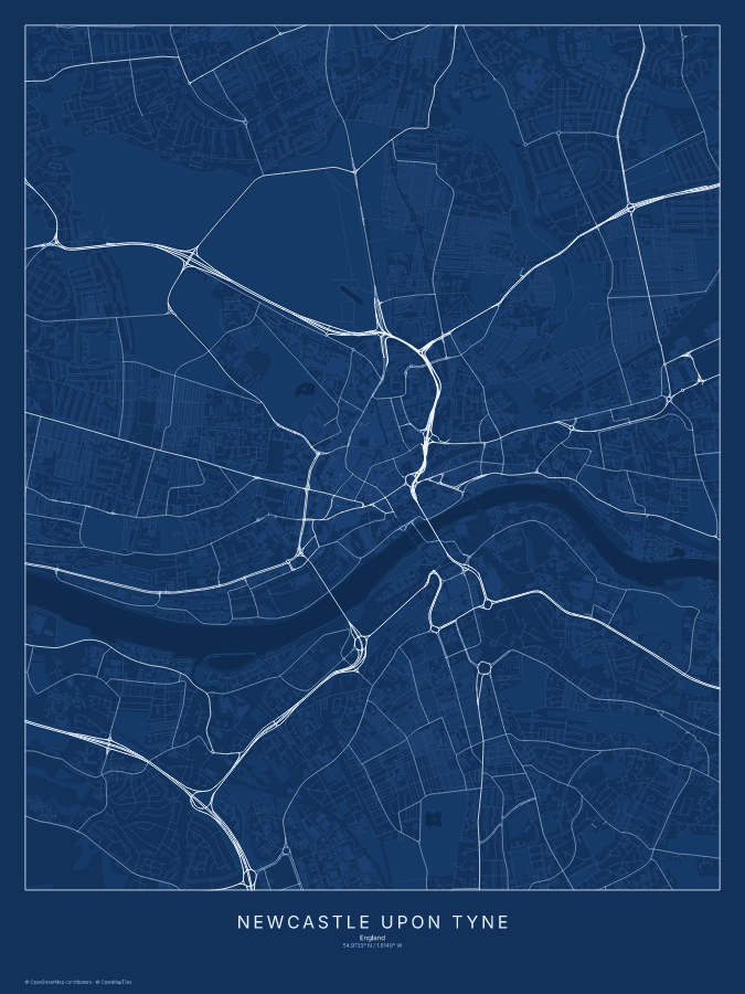 Newcastle upon Tyne map poster, blueprint style