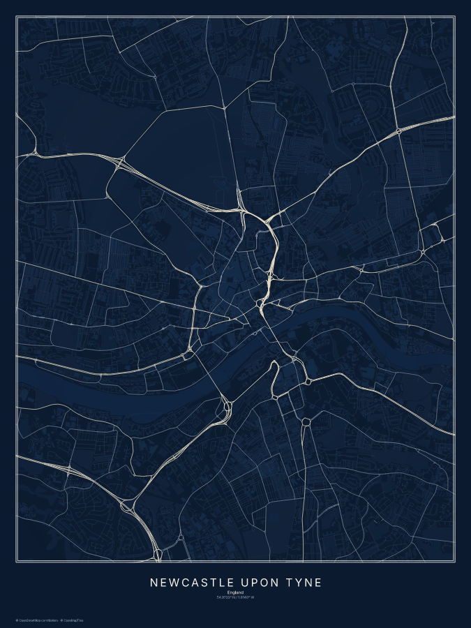 Newcastle upon Tyne map poster, midnight style
