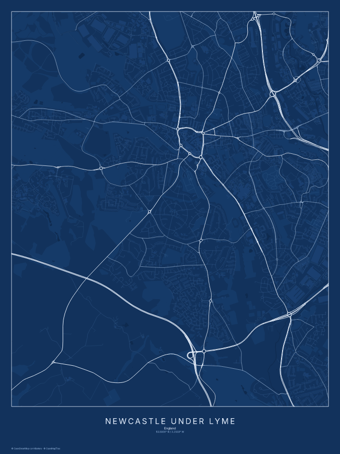 Newcastle under Lyme map poster, blueprint style