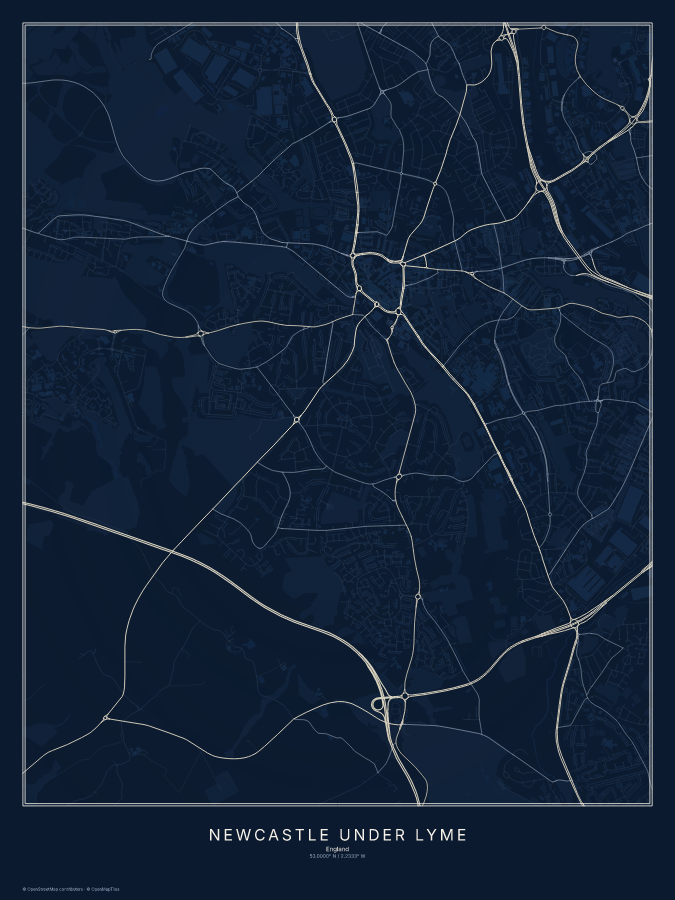 Newcastle under Lyme map poster, midnight style