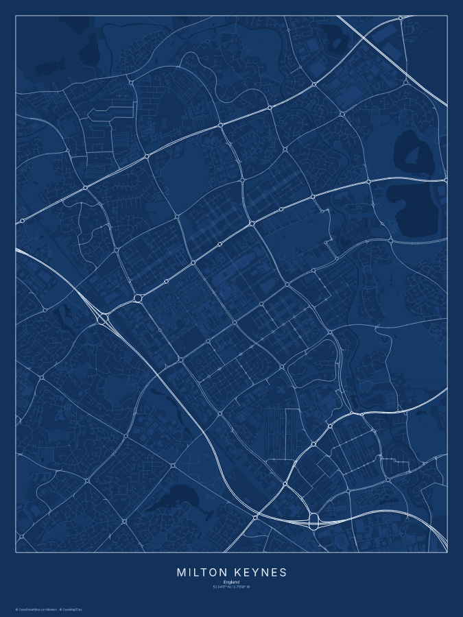Milton Keynes map poster, blueprint style