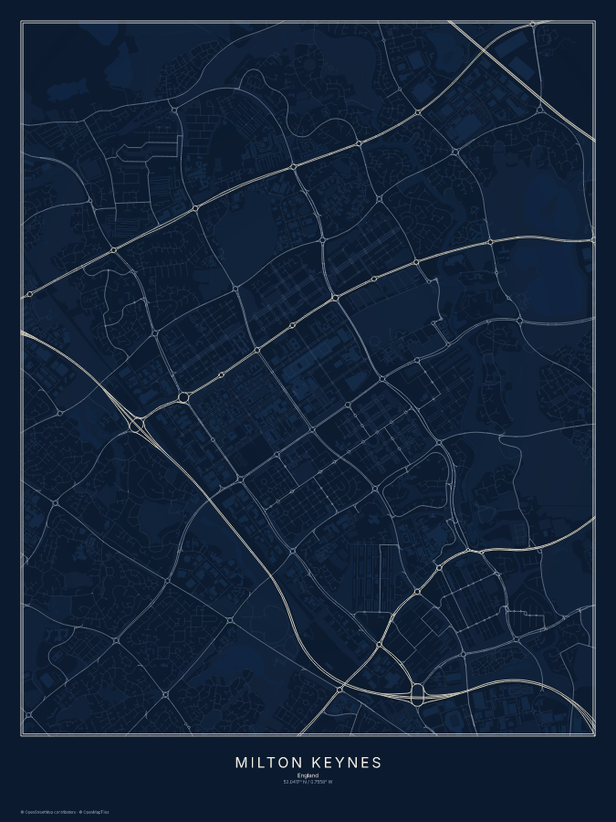 Milton Keynes map poster, midnight style