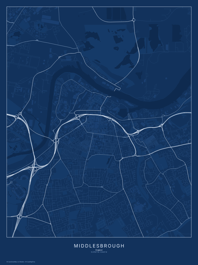 Middlesbrough map poster, blueprint style