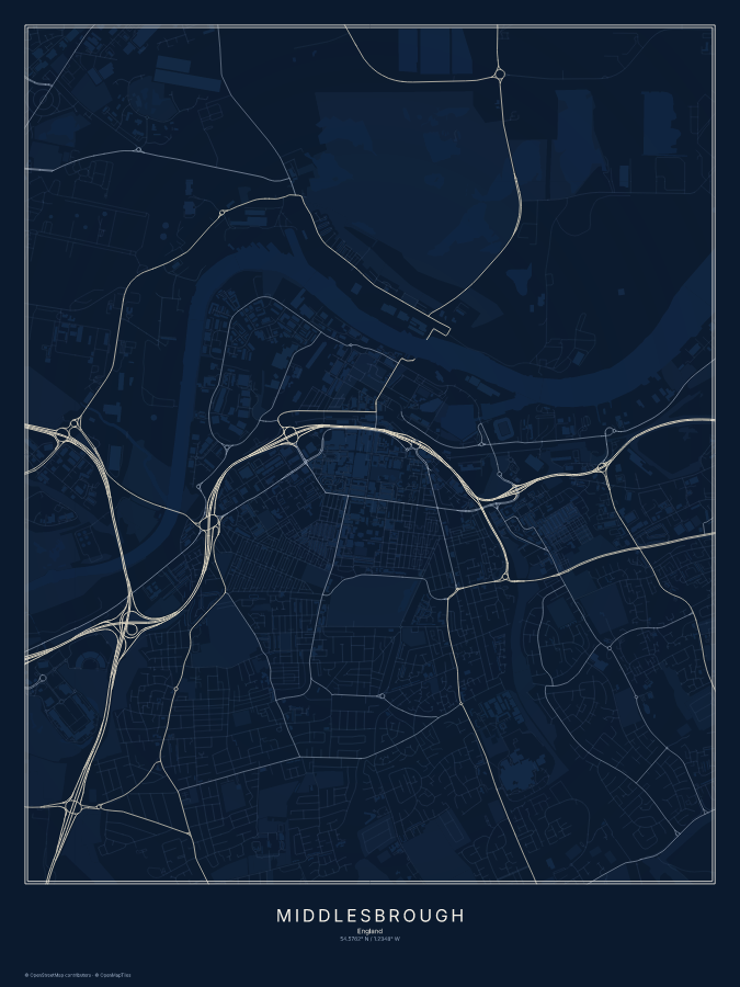 Middlesbrough map poster, midnight style