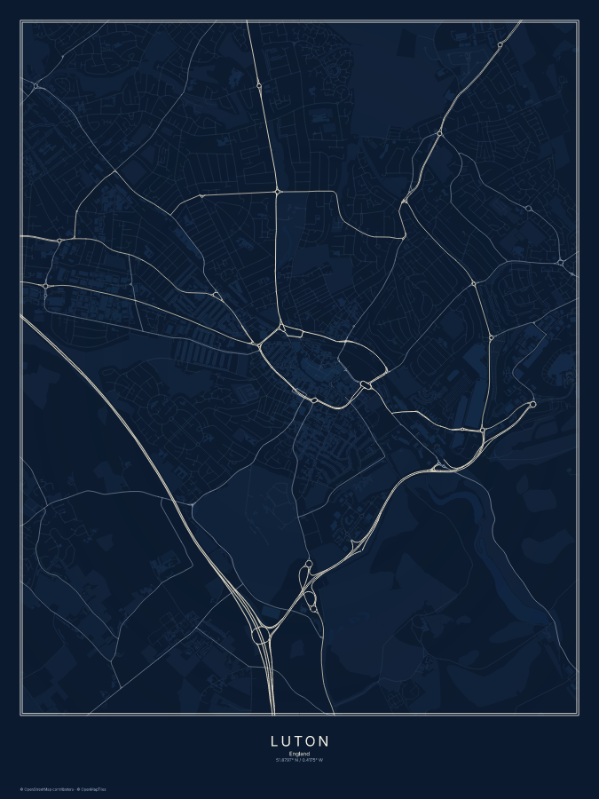 Luton map poster, midnight style