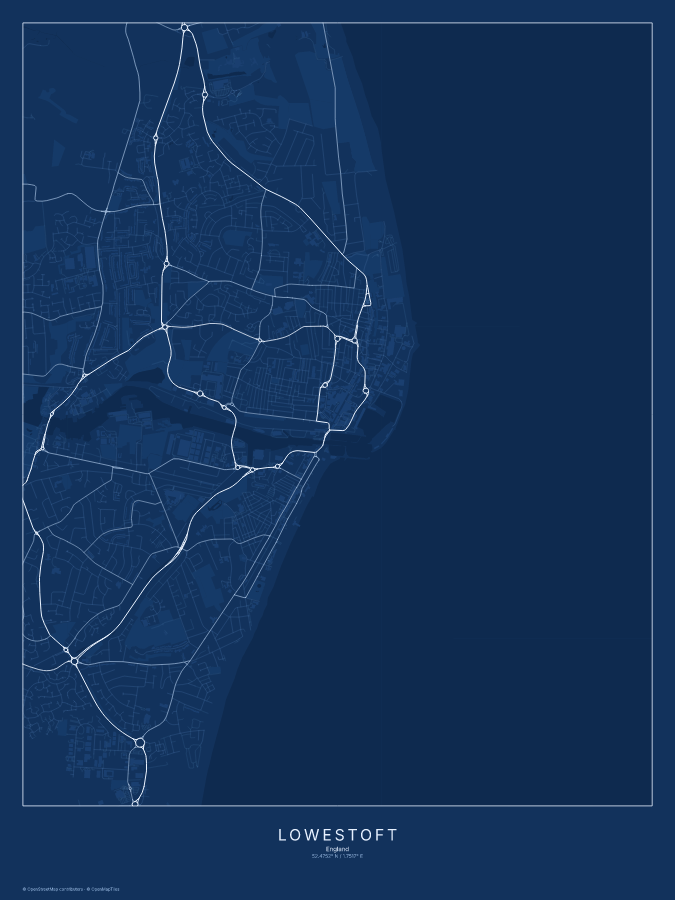 Lowestoft map poster, blueprint style