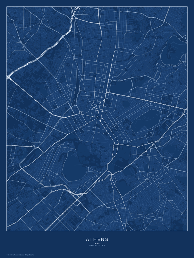 Athens map poster, blueprint style
